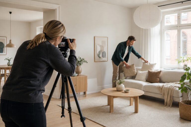 Professionell fotograf fotograferar en bostad inför försäljning