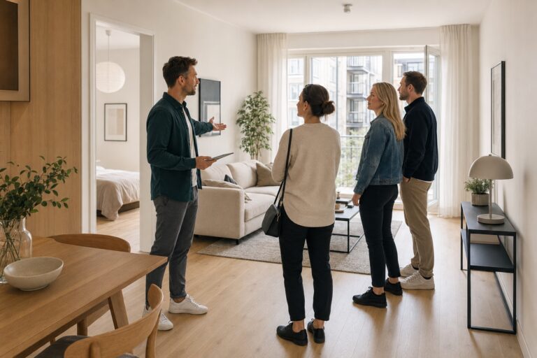 Pågående bostadsvisning med fastighetsmäklare och spekulanter